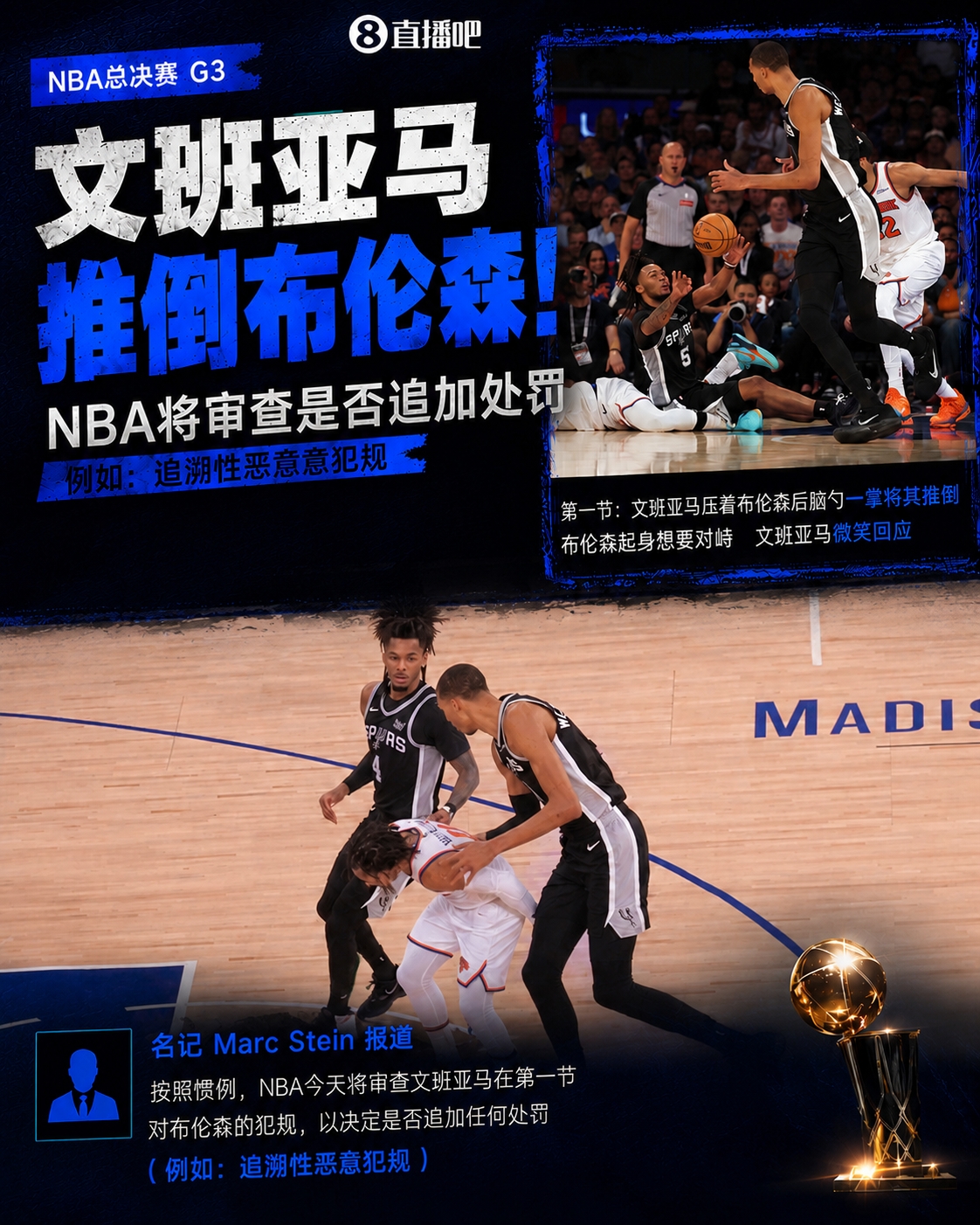 NBA将审查文班亚马压头推倒布伦森 或追加恶意犯规