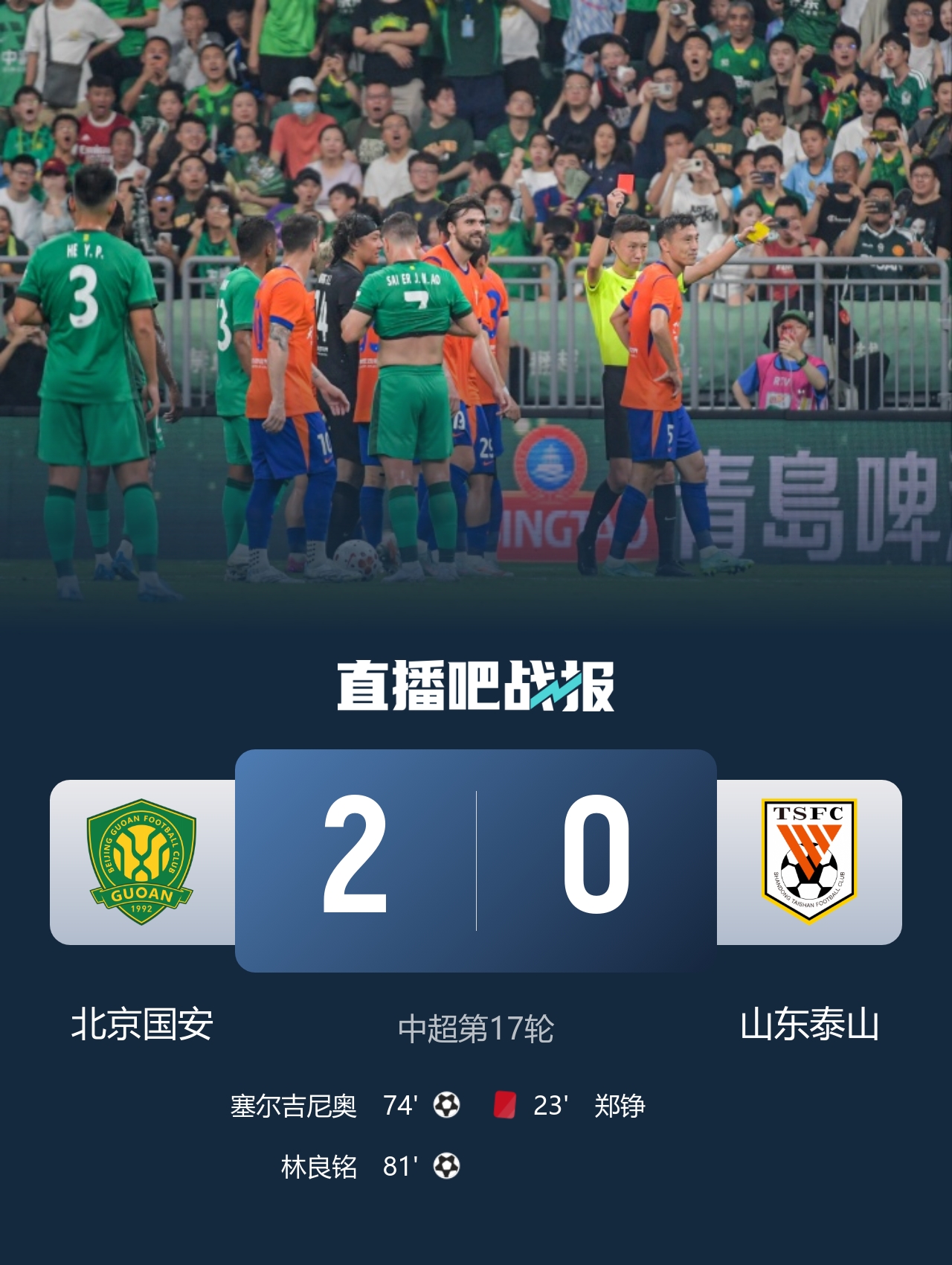 狂轰38脚！国安2-0十人泰山，郑铮直红王大雷9扑救难阻败局