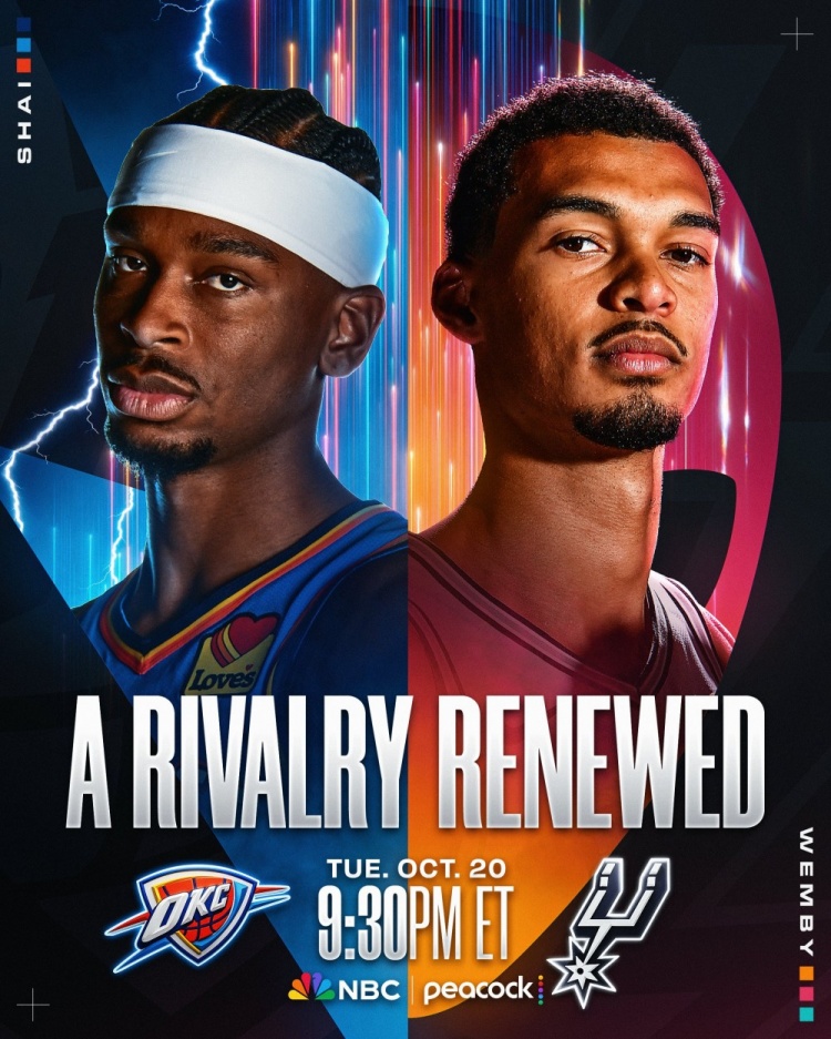 NBA官方发布雷霆马刺揭幕战海报：MVP对DPOY
